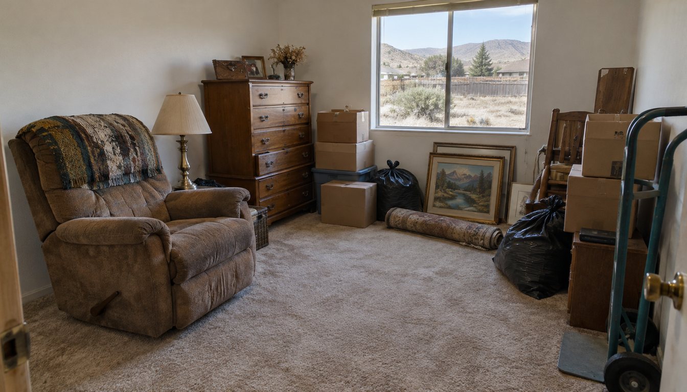 Spare bedroom partway through an estate cleanout, with boxes, a recliner and bagged items