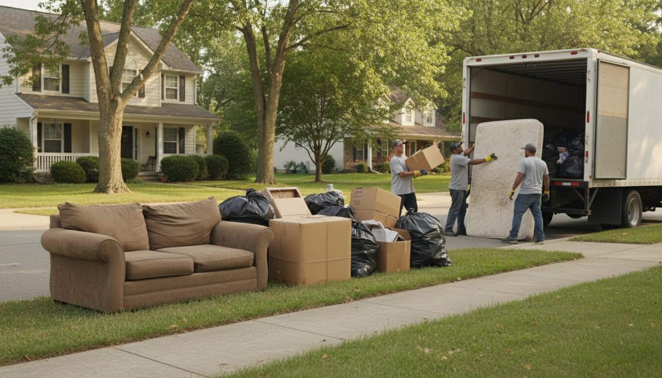 Driveway stacked with couch, mattress, appliances and junk waiting for urgent pickup